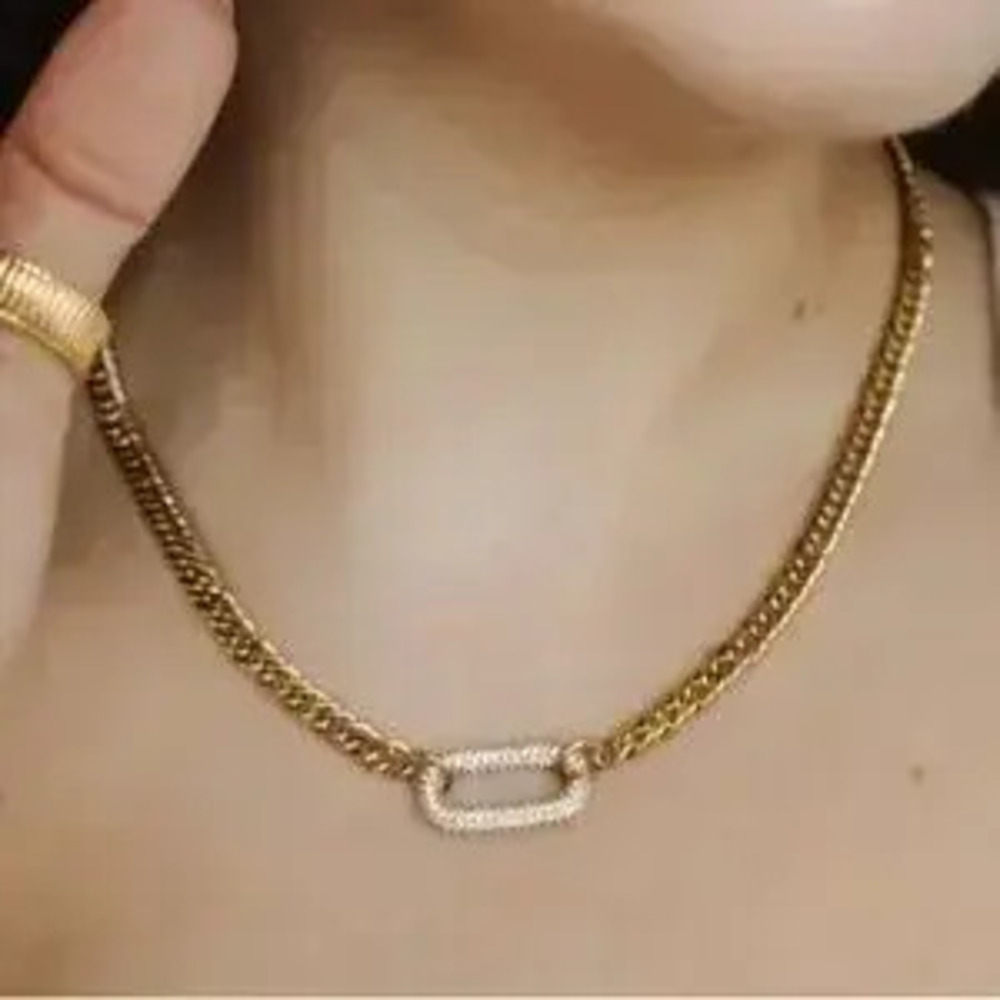 Gold Zircon Rectangular Charm Necklace Chain Link - Picture 5 of 10